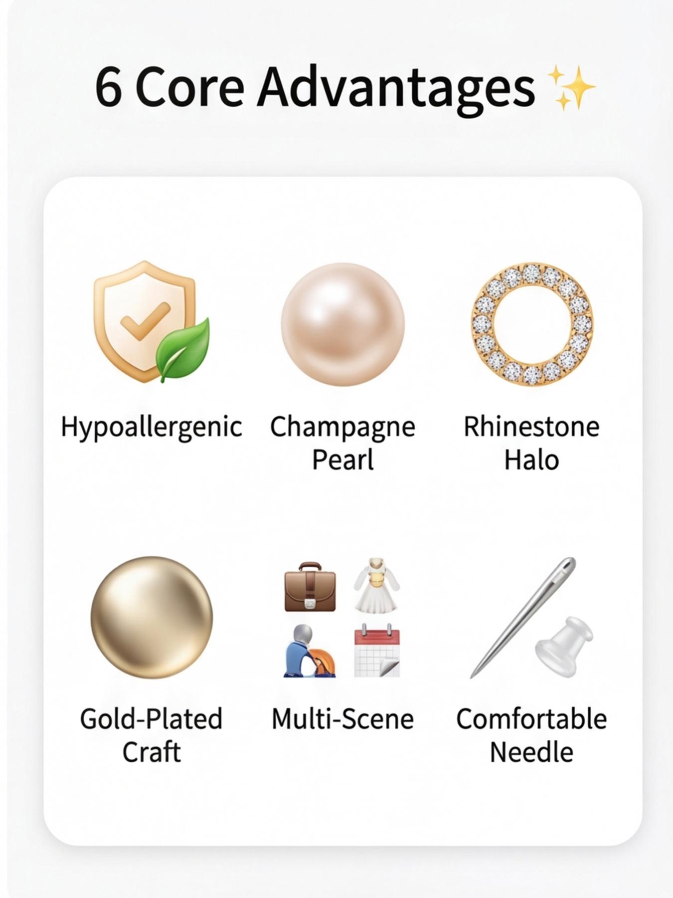 Women's Hypoallergenic Classic Champagne Pearl Stud Earrings, Gold Plated Flower Halo Rhinestone Inlaid Dainty Timeless Earrings, Fashion Jewelry for Everyday Wear Office Wedding & Gift