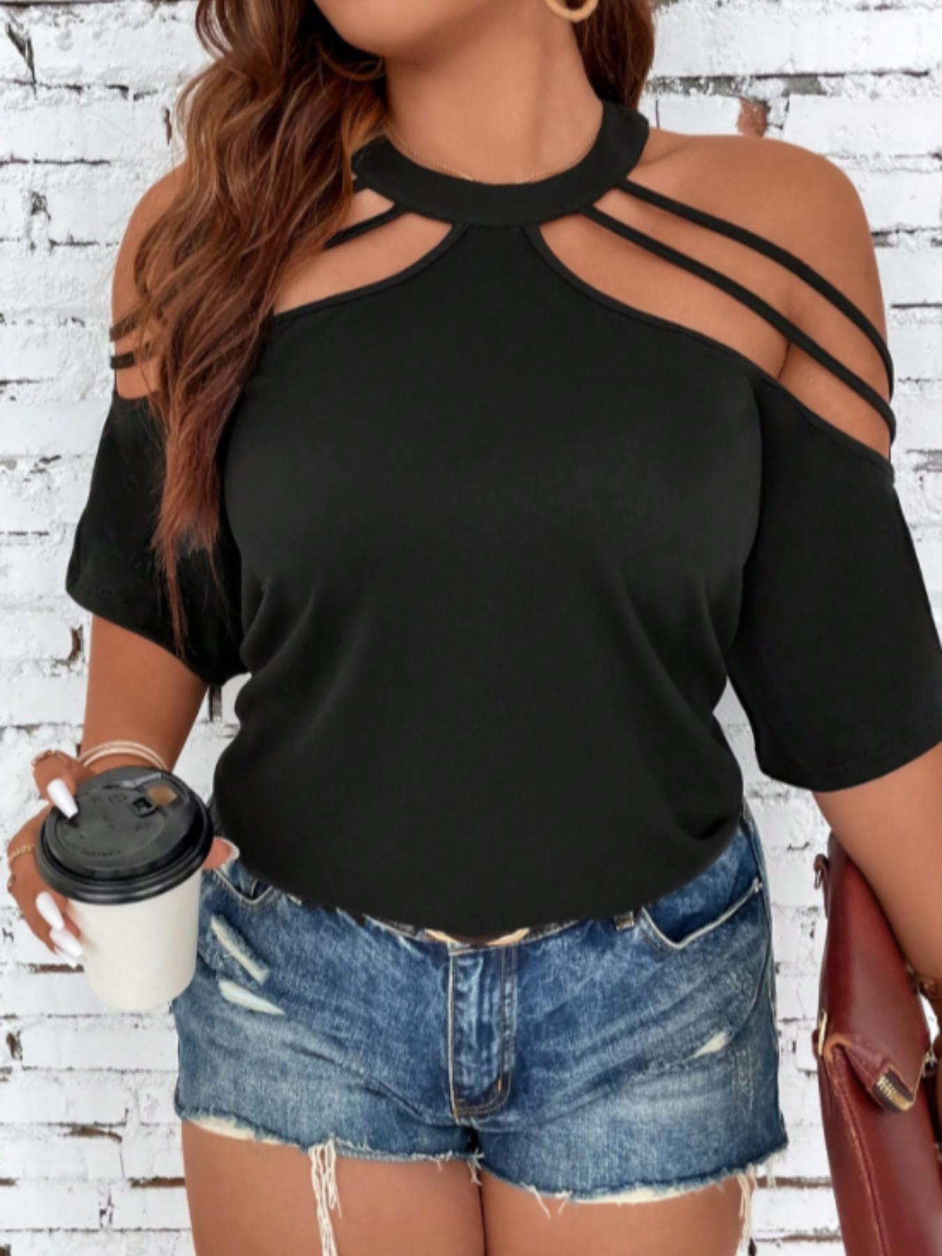 Plus Size Solid Cut Out Cold Shoulder Round Neck Tee, Casual Fashion Half Sleeve T-shirt for Summer, Summer Clothes, Ladies Clothes for Dating Daily Wear