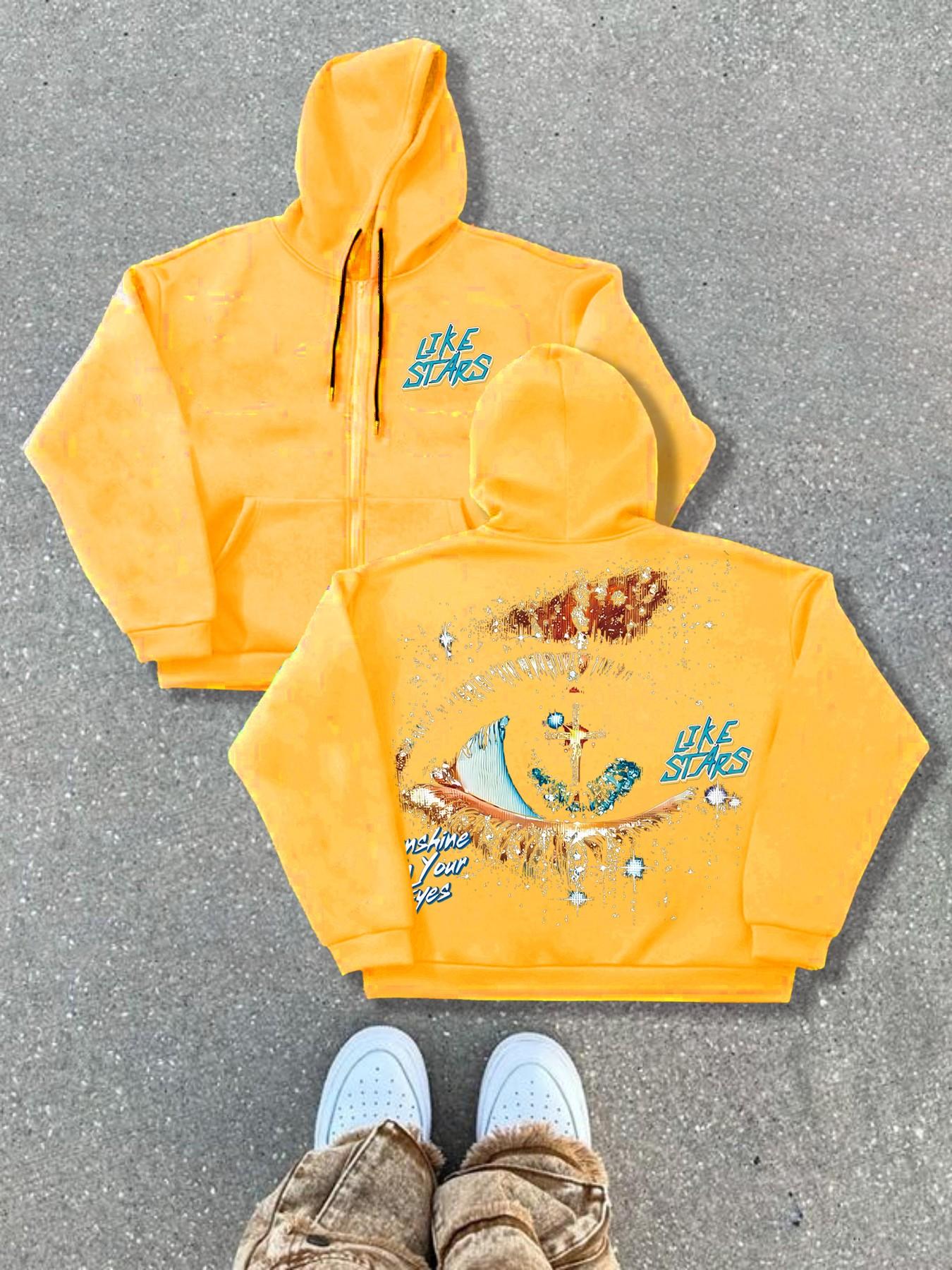 Autumn Winter Hooded Cardigan Sweatshirts Trendy Graphic Eye Letter Print Streetwear Street Style Fitted Knitwear, Thick Fabric, Perfect for Fall & Winter Seasons