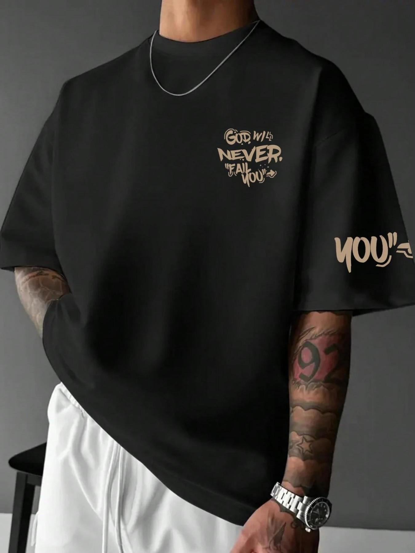 Men's Summer Letter Print Sport T-Shirt, Breathable Quick-Dry Knit Fabric, Elastic Round Neck Short Sleeve, Casual Workout Top