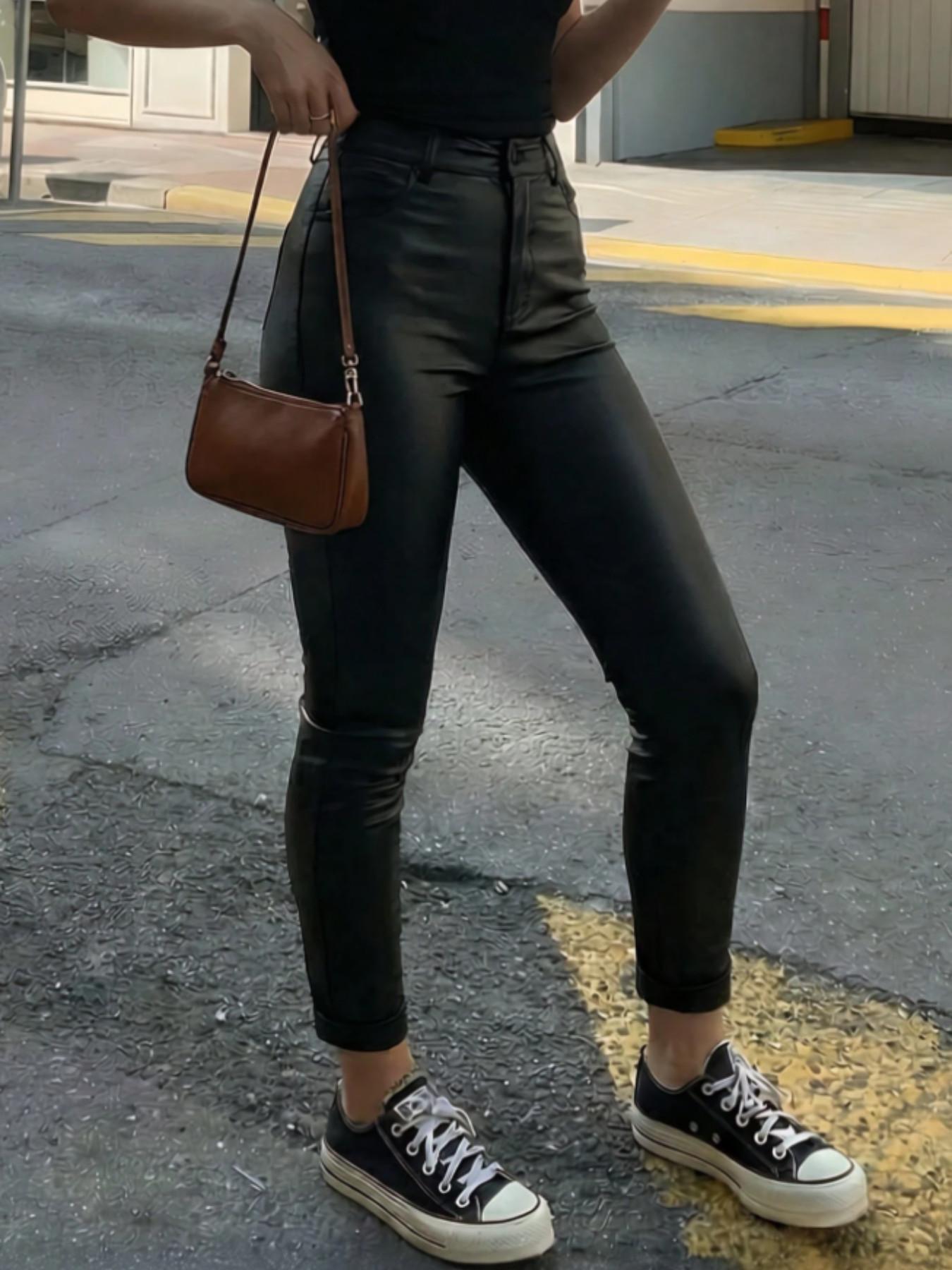 Women's High Waist Elastic Button Shaping Butt Lifting PU Leather Tight Pants, Perfect for, Parties & Nightclubs