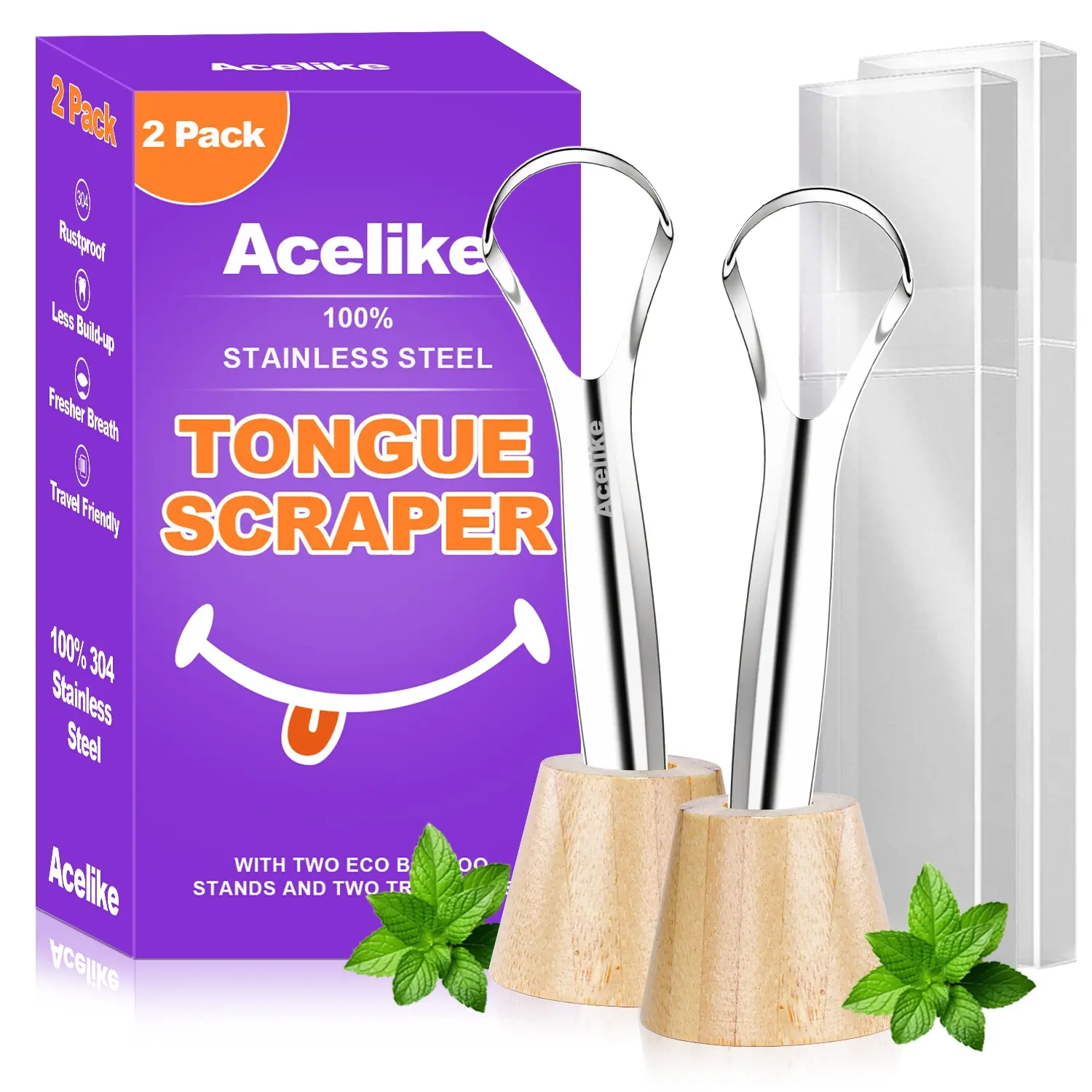 Adult Tongue Scraper, 304 Stainless Steel Odor Removal, Easy to Use, Oral Care Design, Includes Bamboo Stands & Travel Boxes