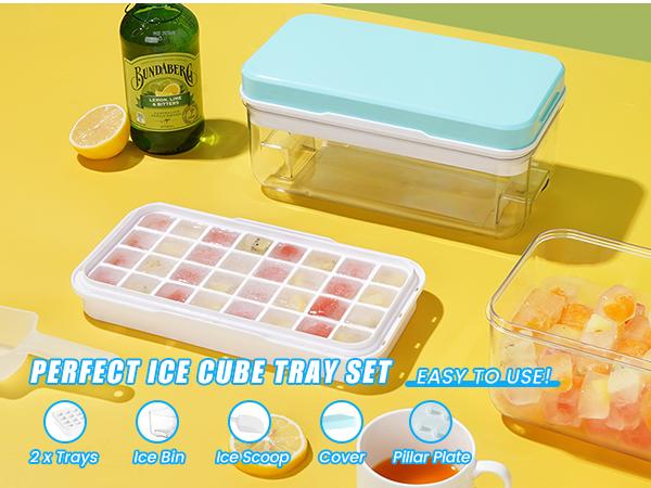 Flycity Stackable Ice Cube Tray Set with Lid and Bin – 64/96 Cubes,BPA Free,Easy-Release Ice Molds for Freezer,Includes Scoop Containers Utensils