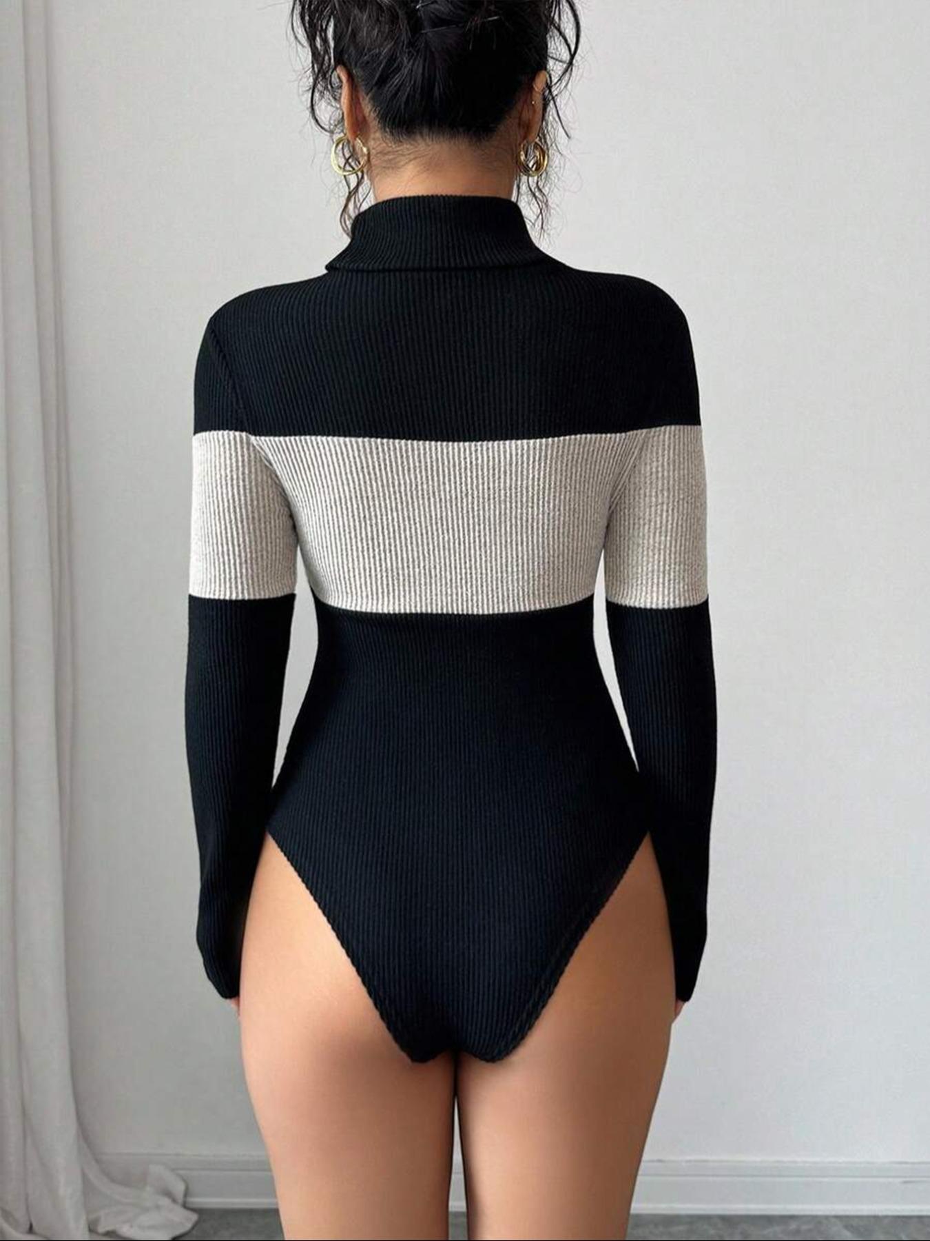 Women's High Neck Patchwork Long Sleeve Bodysuit, Slim Fit Casual Wear for Fall & Winter, Plain Pattern, Moderate Fabric Thickness