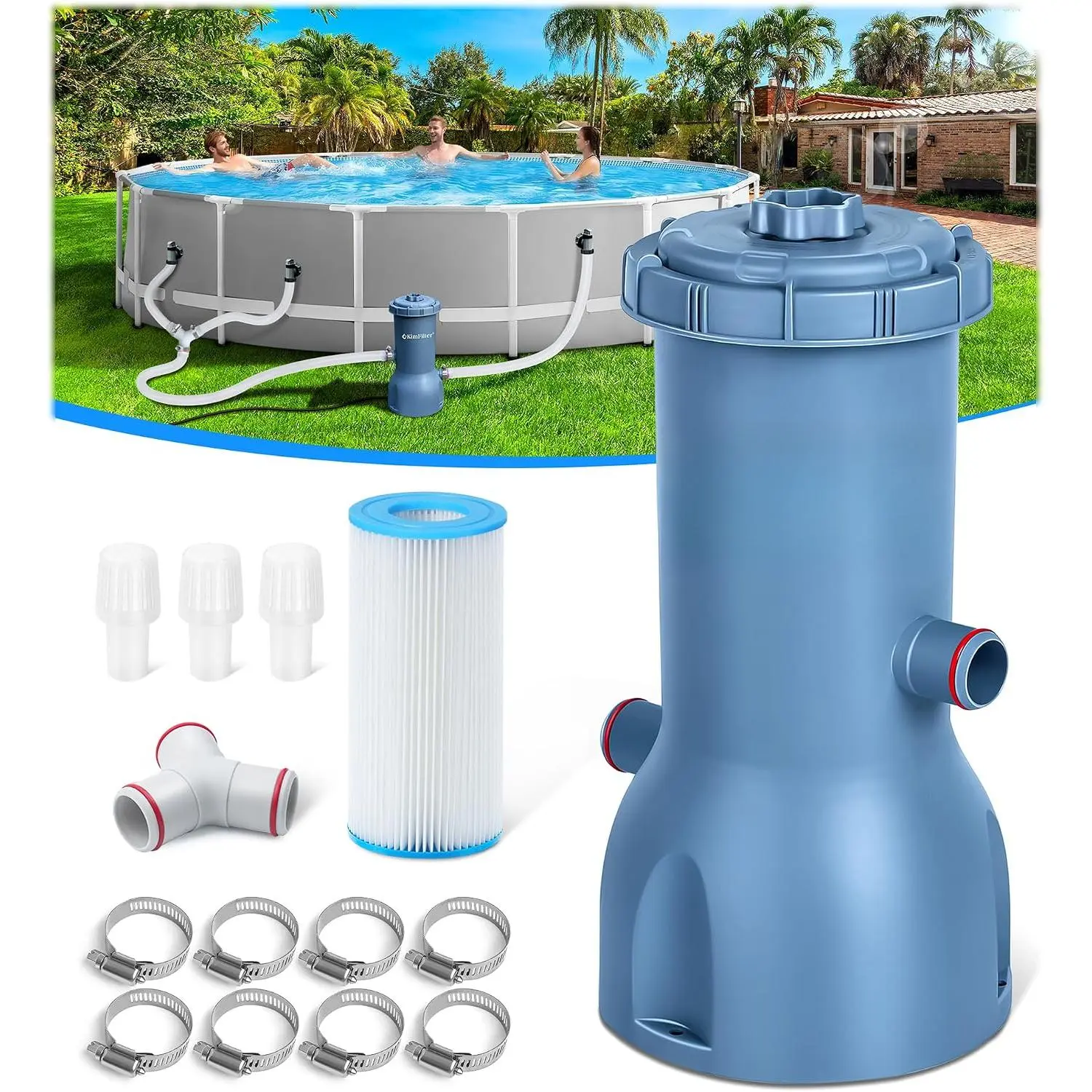 1000 GPH Above Ground Pool Filter Pump, Powerful Pool Cartridge Filter Pump, Water Circulation and Filtration System -Improved Water Clean & Clarity, Pools Pumps Above Ground-Gray