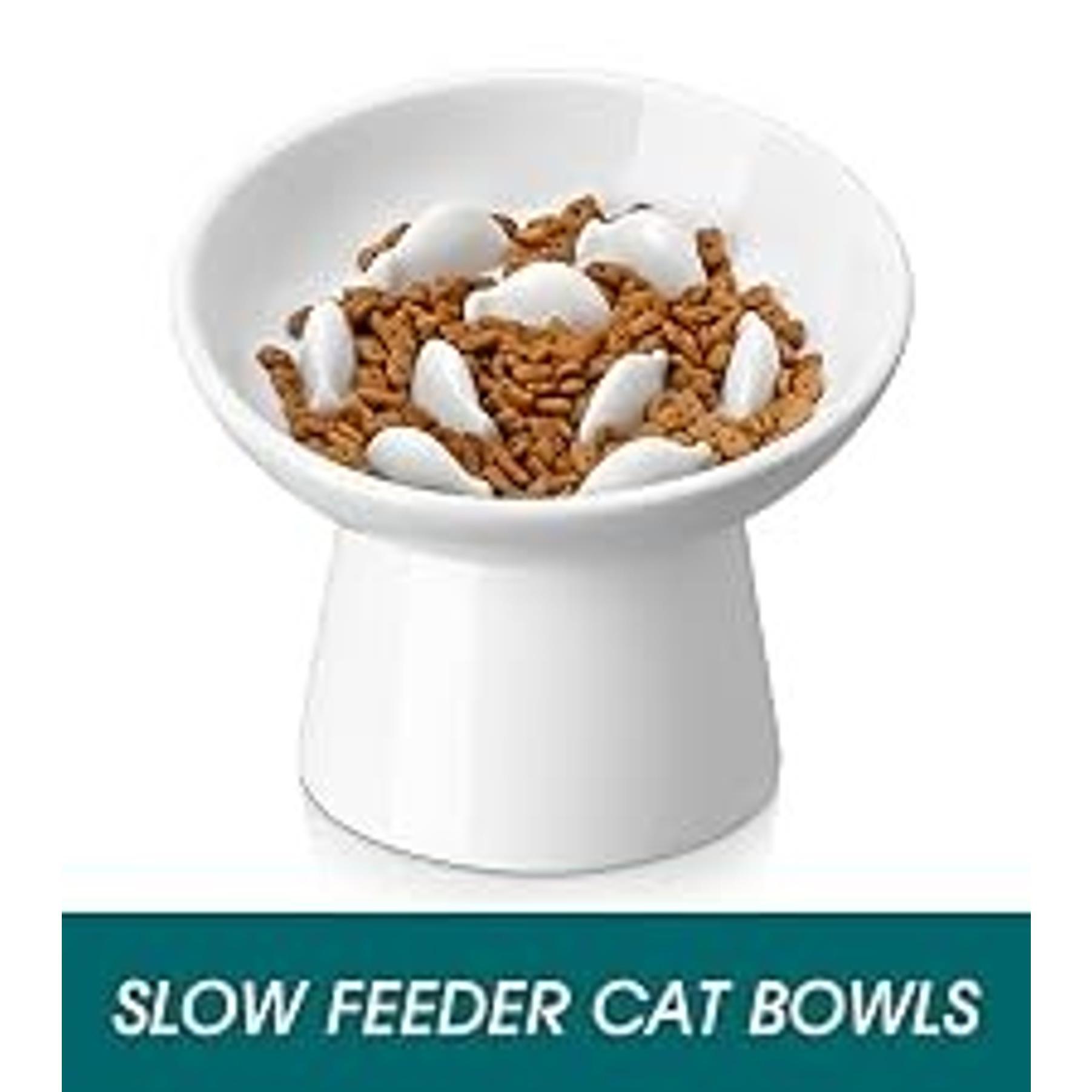 Elevated Ceramic Slow Feeder Cat Bowl, 6.25in Anti-Vomiting Bowl for Dry & Wet Cat Food, White, Elevated Bowl Elevated Ceramic Slow Feeder Cat Bowl, 6.25in Anti-Vomiting Bowl for Dry & Wet Cat Food, White, Elevated Bowl