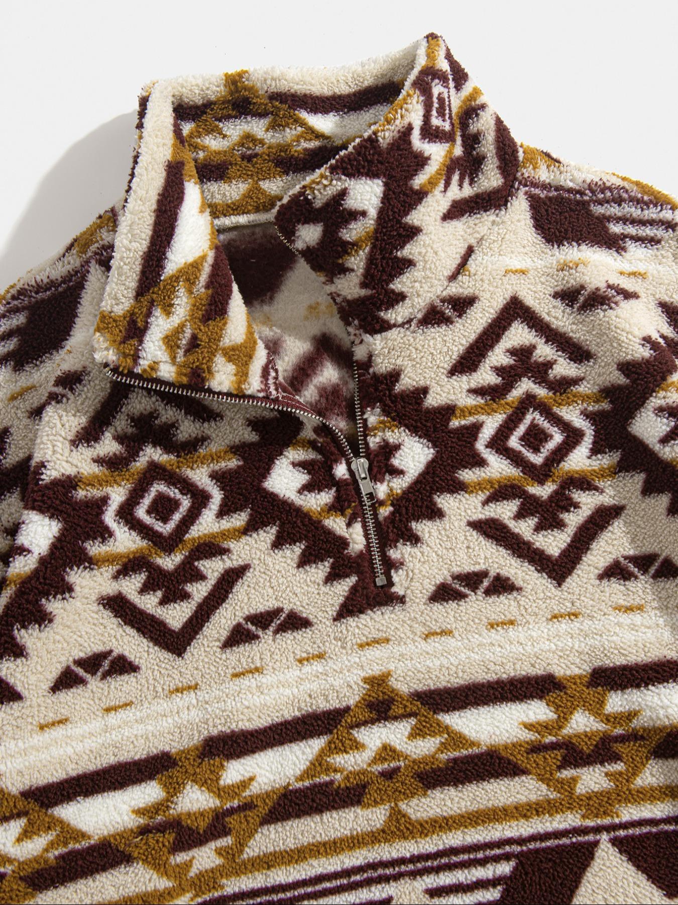 Men's Fleece Half-Zip Pullover Sweatshirt, Fall Winter Warm Hoodie, Casual Long Sleeve Top, Comfortable and Stylish Clothing, Ethnic Pattern Sweatshirts