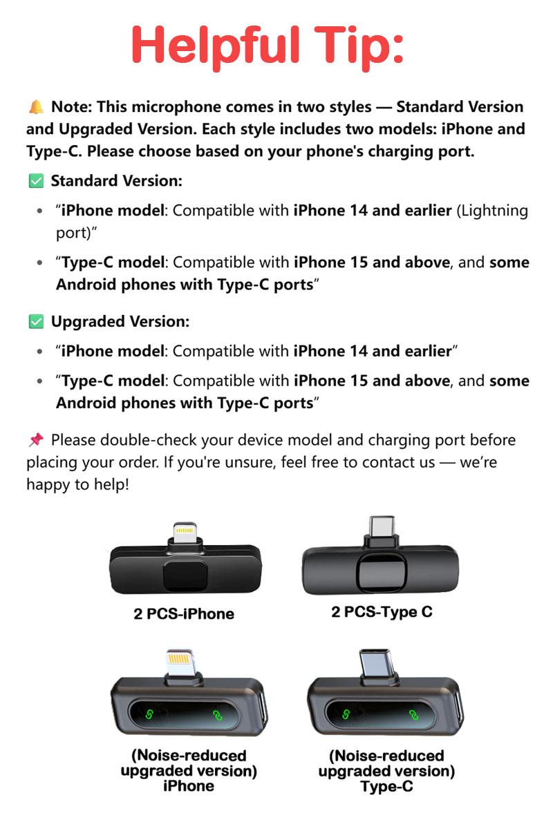 2 pcs Wireless Lavalier Microphones for iPhone, Android, iPad - Mini Wireless Clip-on Microphones Crystal Clear Sound Quality for Recording, Live Streaming,Vlog