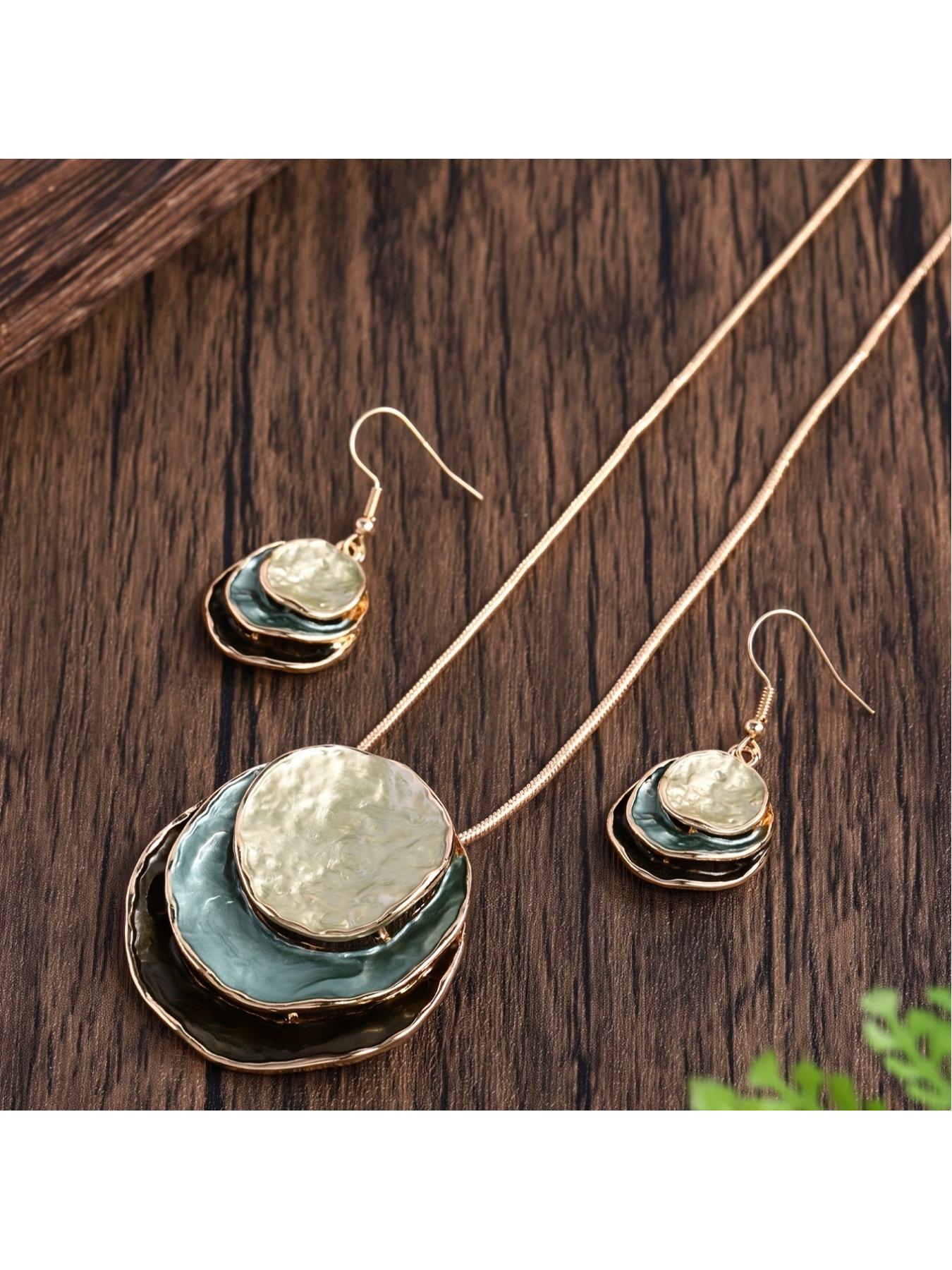 Boho 3-Layer Round Zinc Alloy Enamel Jewelry Set, Necklace & Earrings for Women