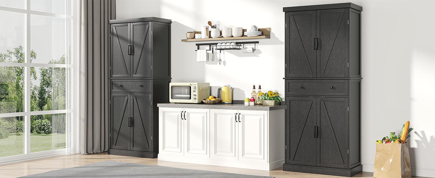 72” Pantry Cabinets, Tall Kitchen Pantry Cabinet with Drawer and Adjustable Shelves, Buffet Cupboards Kitchen Pantry Storage Cabinet for Kitchen, Living Room, Dining Room Use