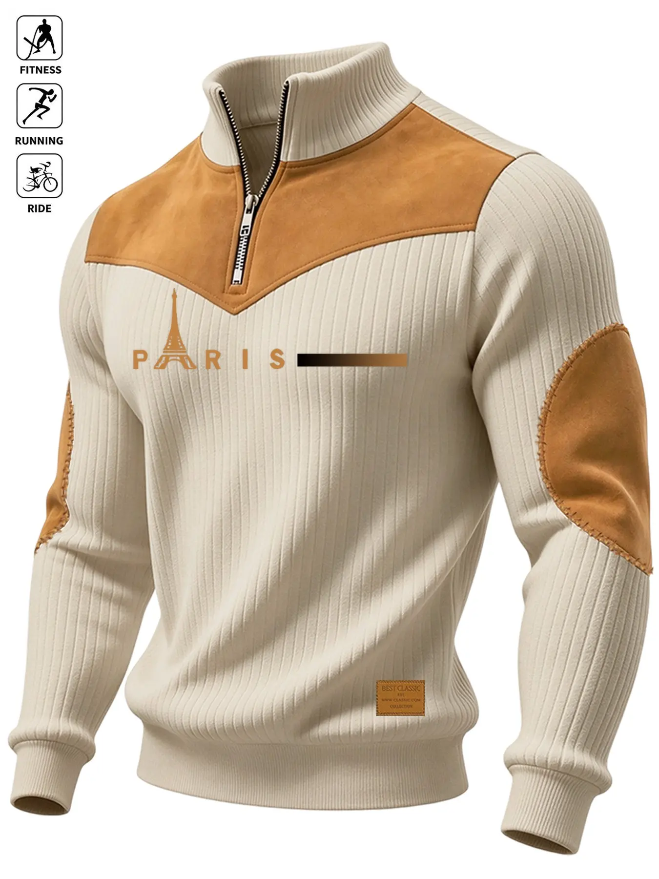 【Black Friday】Men's Fall/Winter Long-Sleeve Quarter-Zip Stand-Collar Top, Contrast Shoulder Panel and Elbow Patches, Business-Casual Pullover for Outdoor Activities