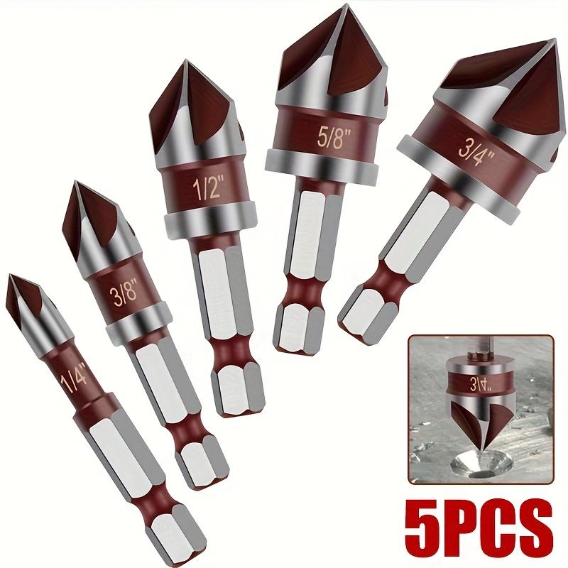 5-Piece HSS Countersink Drill Bit Set (with 1/4", 3/8", 1/2", 5/8", 3/4" hex shanks), 82-degree high-speed steel 5-flute quick-change hex shank, suitable for drilling in metal, plastic, wood, PVC and cement