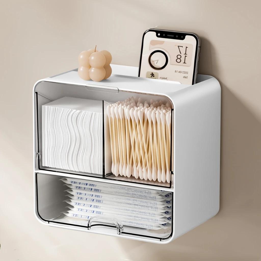 Large Capacity Bathroom Shelf, Wall-Mounted Makeup Cotton Storage Box, Q-Tips, Powder Puffs, Cosmetics Organizer, Multi-Functional Storage Box