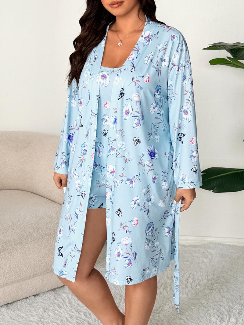 Plus Size Full Floral Butterfly Print Cami Shorts Set, Plus Size Floral Long Sleeve Robe 3 Piece for Spring & Fall, Casual Comfortable Sleepwear