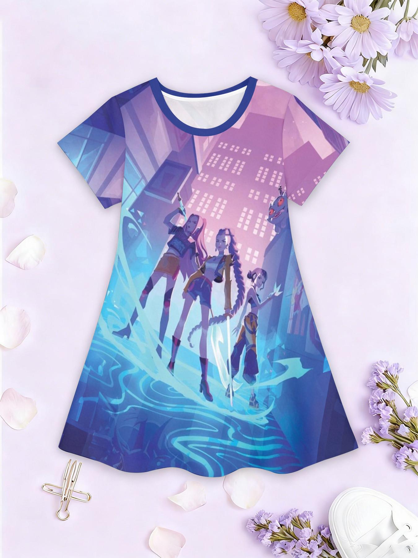 Girls' 3D Short Sleeve Dress, K-Pop Demon Hunters Neon Stage Print, Summer Party Wear, Perfect for Gifts and Birthdays