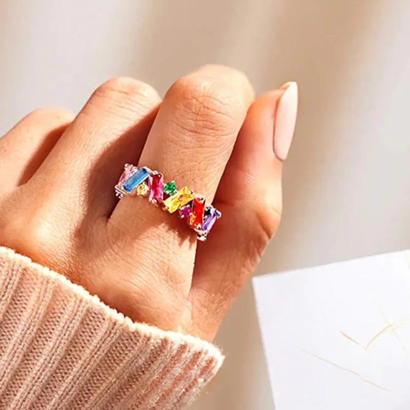 Vibrant Rainbow Ring, Baguette Ring, Colorful Eternity Band Rings for Women, Emerald Cut Cubic Zirconia Cocktail Rings, Colorful Jewelry, Rainbow Gifts