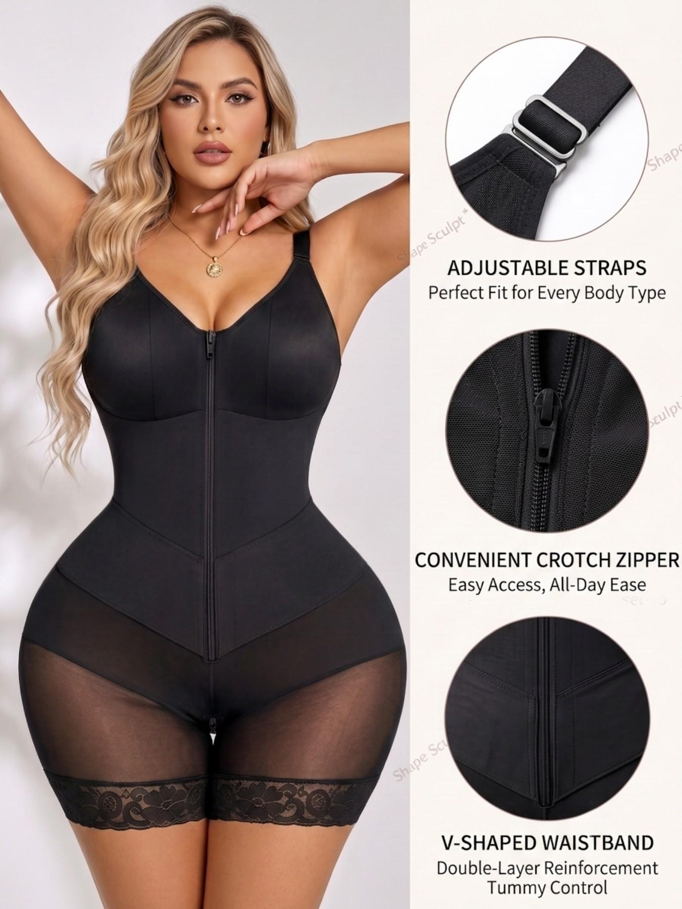 1 Count Shapewear Slim Fitting Bodysuit For Women, Fajas, Butt Lifting And Tummy Control Body Shaper Zipper Bodysuit, Adjustable Strap Jumpsuit, Front Zipper V-Shaper Belt Compression Colombian Shapewear, Suitable For Daily Wear, Sports