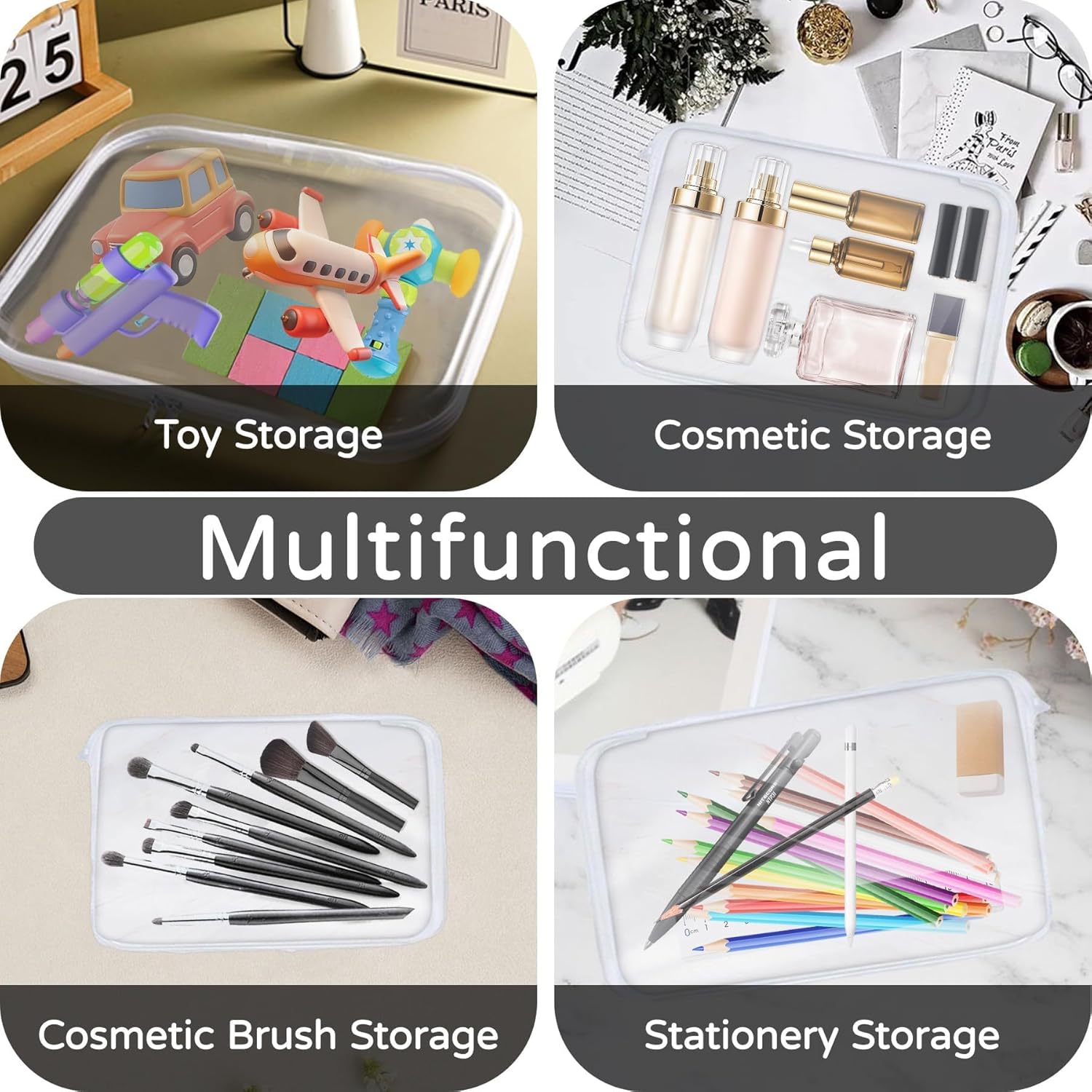 Organizer Storage Box 3Pcs/Set, Hard Zipper Case Toy Storage Bins Travel Organizer Waterproof Transparent Case  Pencil Case Toiletry Pouch  Cosmetic Bag White,Large Capacity,Portable & Versatile Organizer capson  display crayon  boxes wardrobe rack