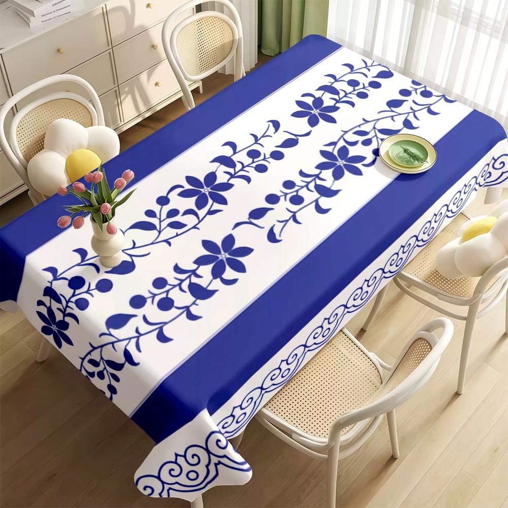 JIT 1pc 2D flat modern blue floral pattern rectangular tablecloth for dining table, kitchen, living room, and dining room, kitchen accessory, party, room & outdoor decorative tablecloth, a tablecloth gift for friends