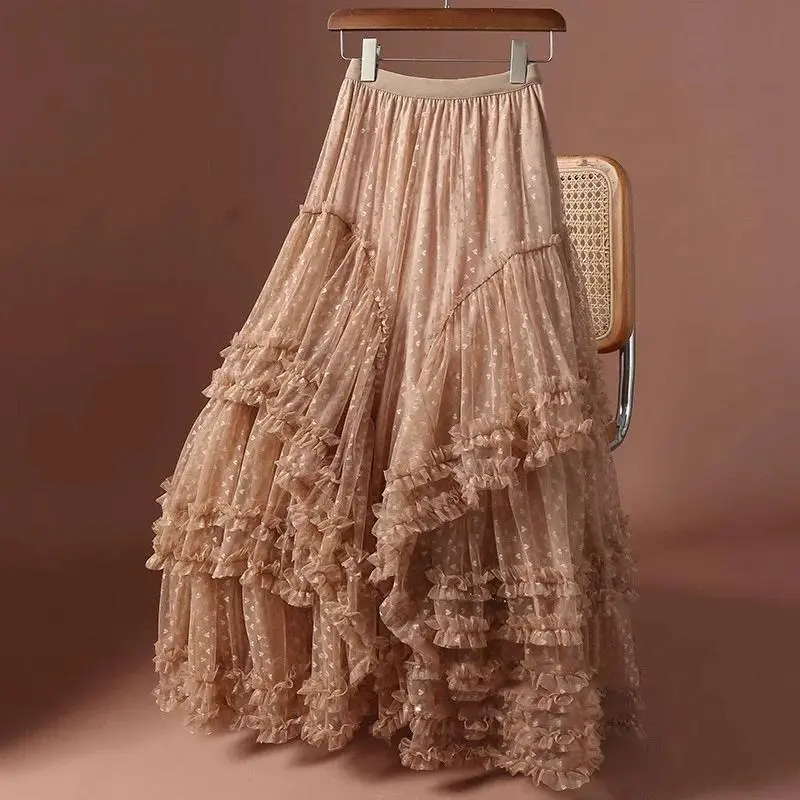 Sweet Women Tulle Maxi Skirt High Waist Elastic Tiered Ruffle Cake Skirt Elegant Fluffy A-Line Long Skirt for Party Daily Wear