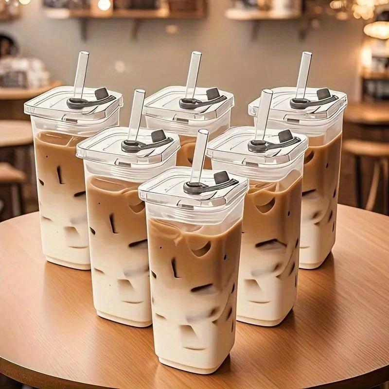 2/4/6 Counts Drinking Cup, High Borosilicate Thin Glass Rectangular Heat-resistant Glass Mug with Lid and Straw, Versatile for Hot Or Cold Beverages, Drinking Glasses