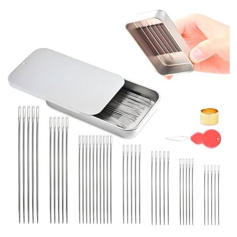 40pcs High-Quality Large-Eye Needles for Hand Sewing, Includes 1 Threading Tool + 1 Needle Holder, 6 Sizes, Embroidery Needles