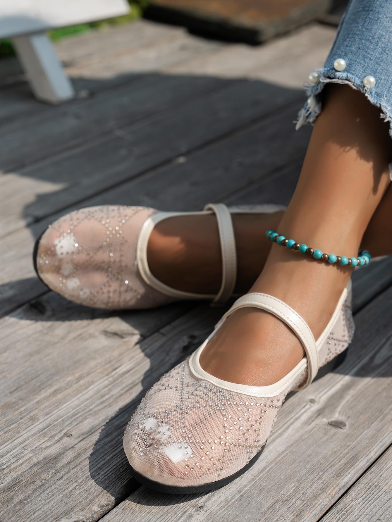 Women's Rhinestone Mesh Mary Jane Shoes, Summer Fairy Style Square Toe Ankle Strap Breathable Flats