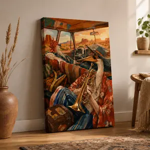 Boho Desert Road Trip Canvas Wall Art, Vintage Van Interior Painting Poster, Warm Southwest Travel Aesthetic Wall Decor, Living Room Bedroom Home Decor, Unframed Canvas Poster or Framed Canvas Wrap