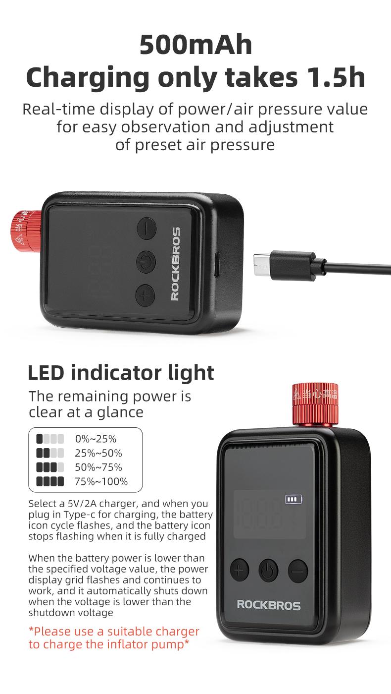 ROCKBROS Mini Bike Pump Portable Bike Tire Pump 150PSI Auto Shut-Off Air Pump with Presta and Schrader Valves Smart Air Inflator Mini Air Compressor for Bicycle and Balls