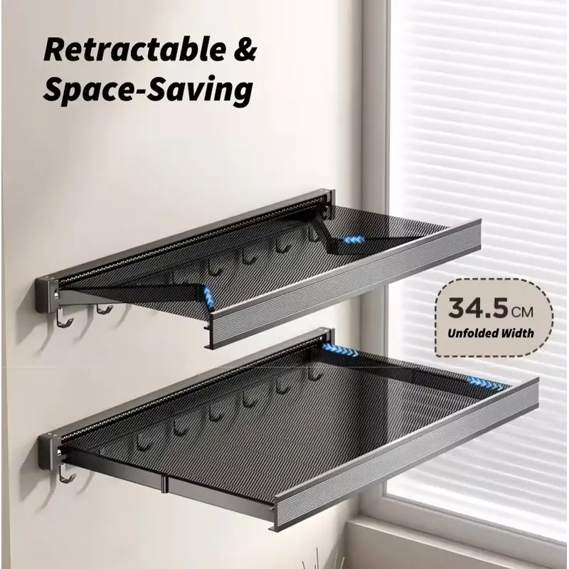 Foldable Wall Mounted Drying Rack, No Drill Collapsible Laundry Drying Shelf with Hooks, Space-Saving Ventilated Drying Rack for Balcony Bathroom Window, Ideal for Towels, Socks, Shoes & Small Garments