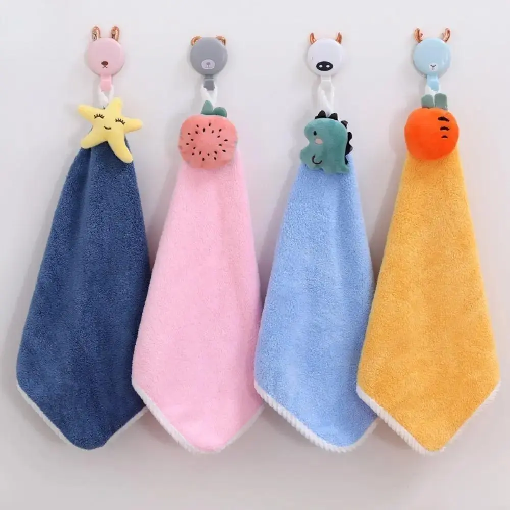 Set of 4 Cute Cartoon Hand Towels – Soft, Absorbent Coral Fleece Towels (with Hanging Loops); Quick-Drying Towels for Daily Bathroom Use