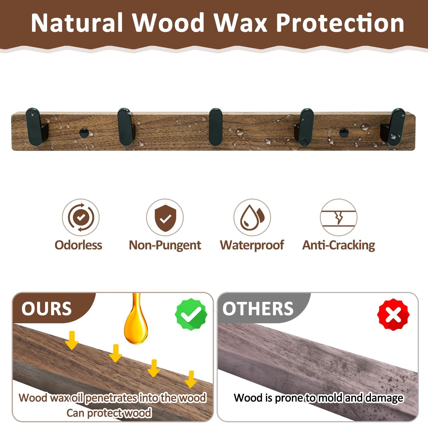 Coat Hooks Wall Mount, Wall Mounted Coat Rack with 4/5 Aluminum Hooks for Hanging Backpacks, Hats, Dog Leashes, Towels, Keys, Walnut Wood Wall Hooks for Entryway, Bathroom, Bedroom