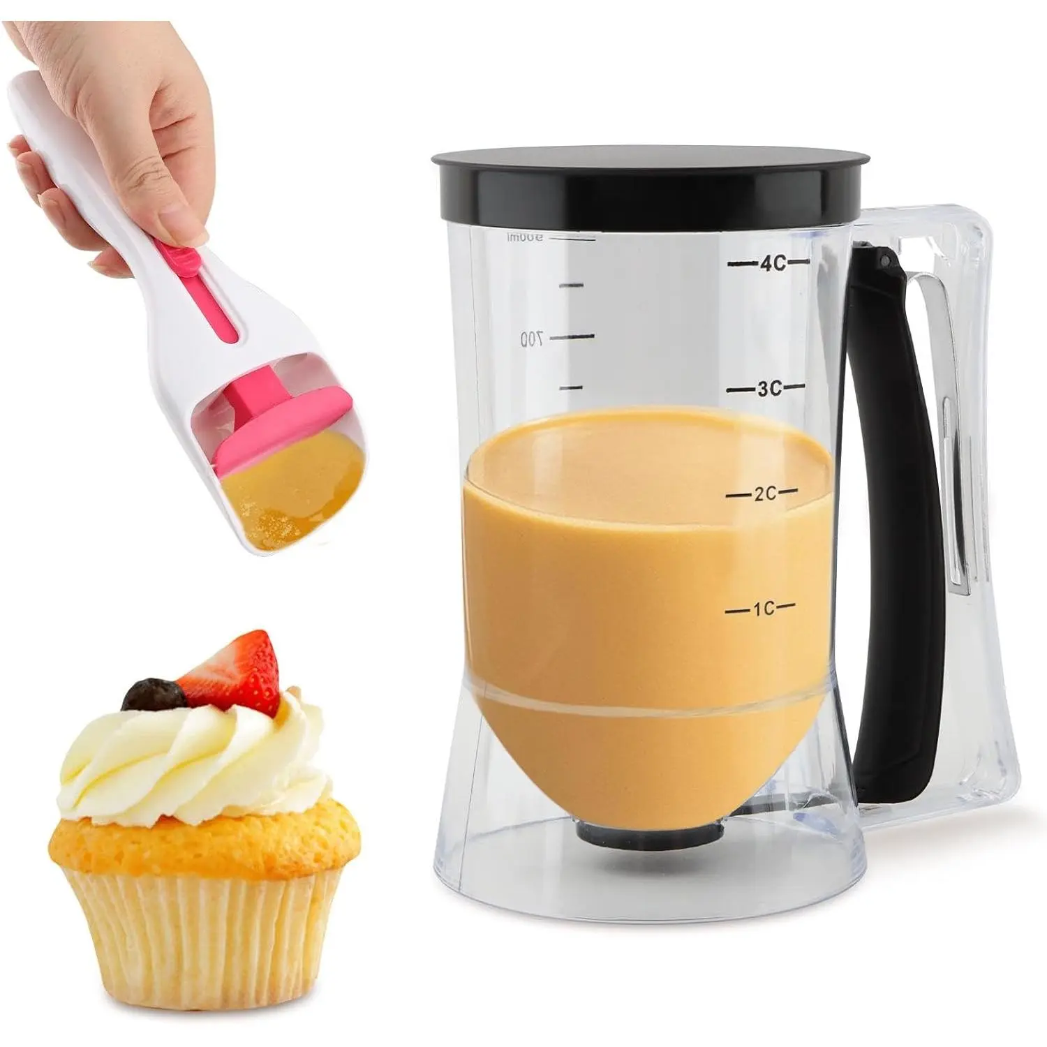 Pancake Batter Dispenser–4-Cup Batter Dispenser with Cupcake Scoop Batters Dispenser,Pancake Waffl Mix Dispenser with Squeeze Handle & Measuring Marks,for Cupcake,Muffins, Crepes