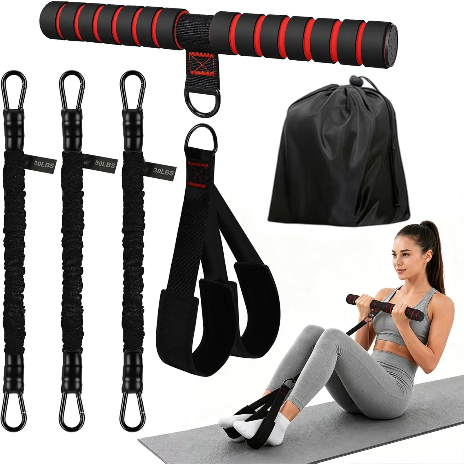 Multifunctional Pilates Bar Kit with Resistance Bands, Portable Home Yoga Workout Fitness Equipment for Women