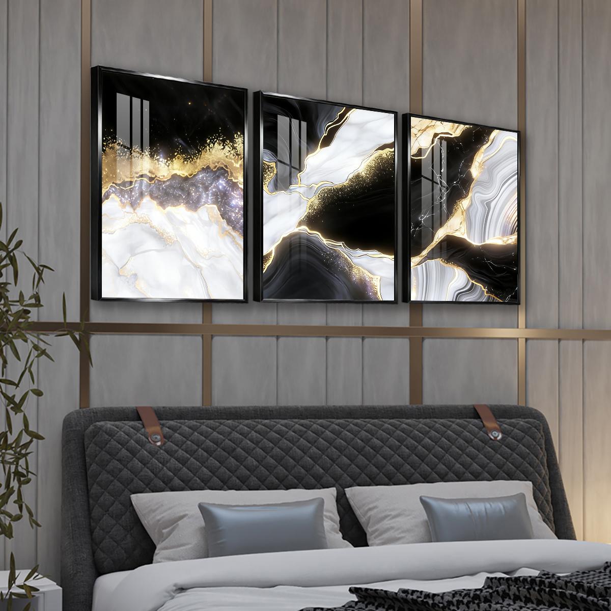 3 Counts Aluminum Alloy Framed Painting, Black White Gold Abstract Marble Art Pictures, Home Decoration For Living Room, Bedroom, Office, Restaurant, Hallway Wall Decor, Odorless Print Artwork, Luxury Perfect Gift For Friends And Family