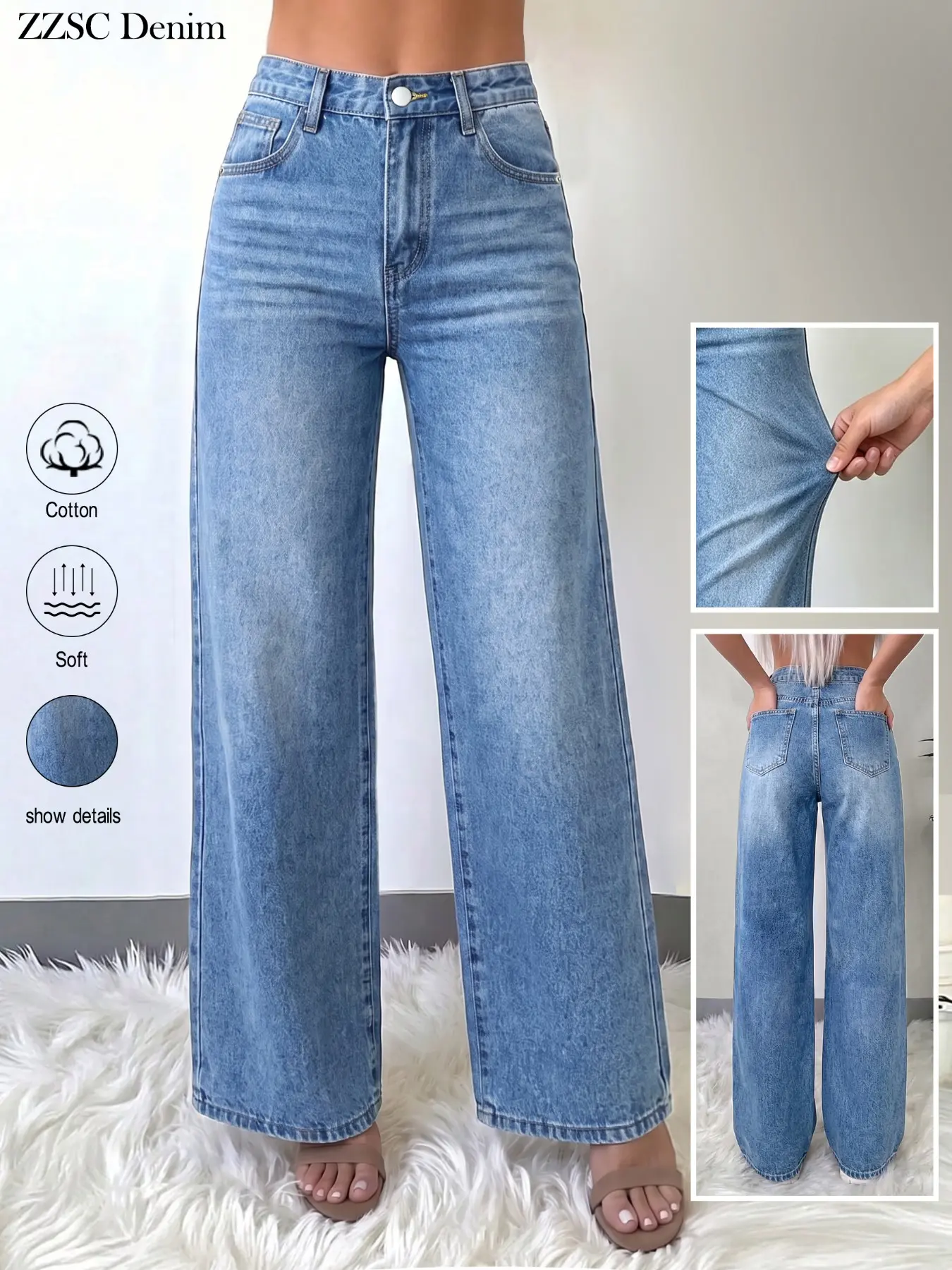 Women's Light Wash Blue High Waist Slim Straight Leg Jeans, High Elasticity Soft Cotton, Conceal Hip, American Casual Loose Long Pants, Bottoms