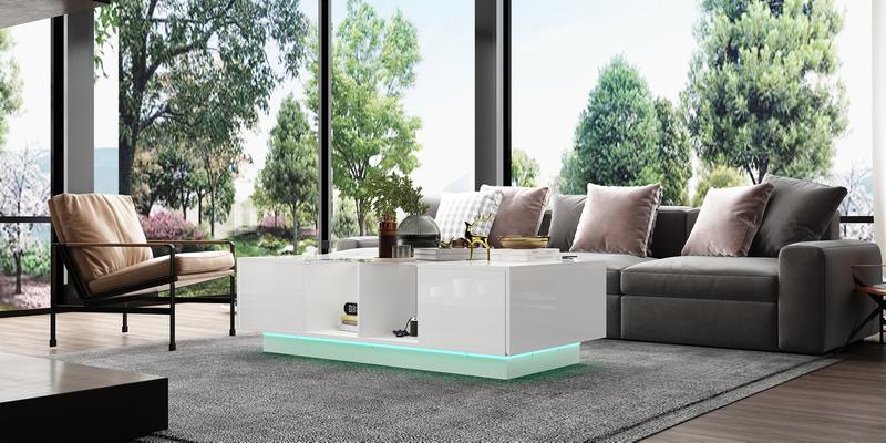 FUFU&GAGA  Modern LED Coffee Table with Drawers & Open Compartments, Rectangle Coffee Center Table with Glass Top for Living Room, Bedroom (47.4" W x 23.6" D x 13.9" H)