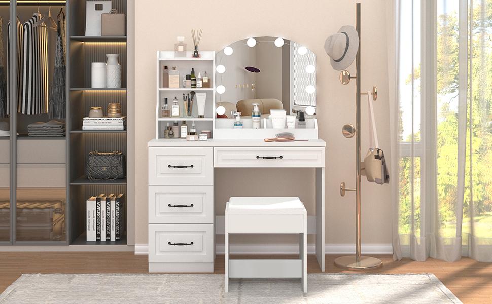 Vabches Makeup Vanity Desk with Lights and Charging Station, White Vanity Set Makeup Table with 4 Drawers Lots Storage, 3 Lighting Colors, Large Size 39.4in(W)