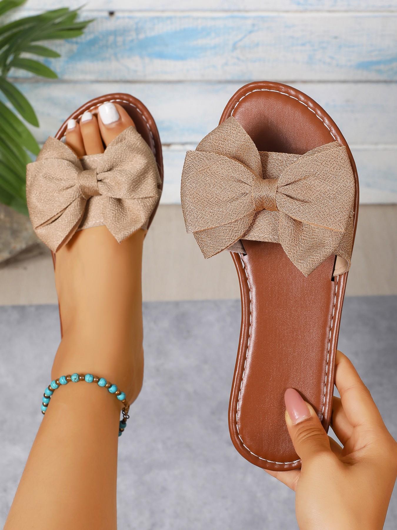 Women's Wide Width Flat Sandals, European Style Open Toe Design, Bow Detail Fabric Material, Perfect for Beach and Outdoor Use