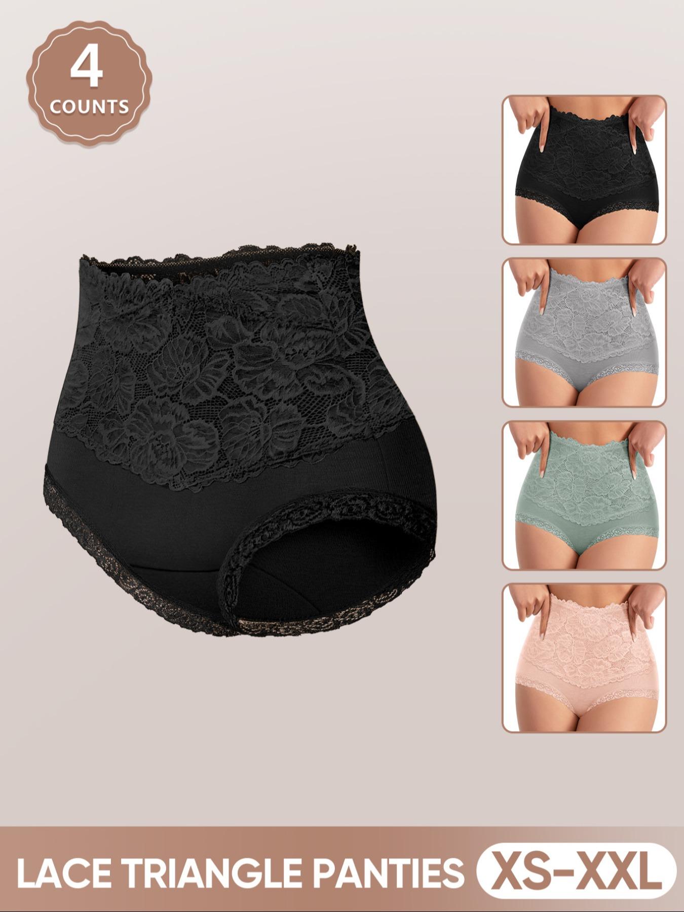 Women's High Waist Cotton Underwear, 4 Pack Comfortable Fitted Panties, Breathable Lace Trim, All Season Casual Style, Casual Elegant Panty
