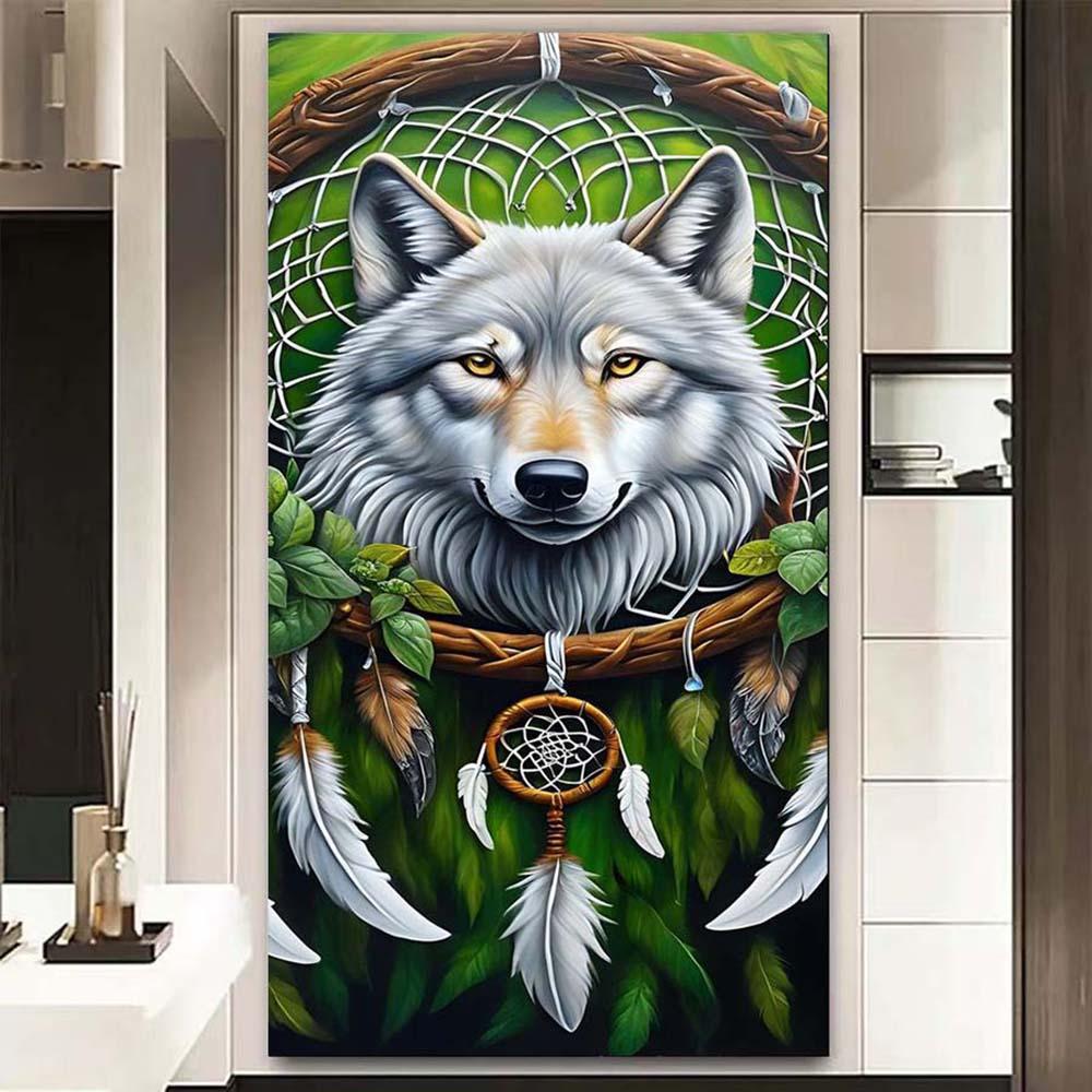 5D Diamond Painting Kit Full Round Drill Wolf, Dreamcatcher, Feather DIY Mosaic Wall Art, Beginner Craft Set (with Tools), Home Wall Decoration Gift, Diamond Art Kit