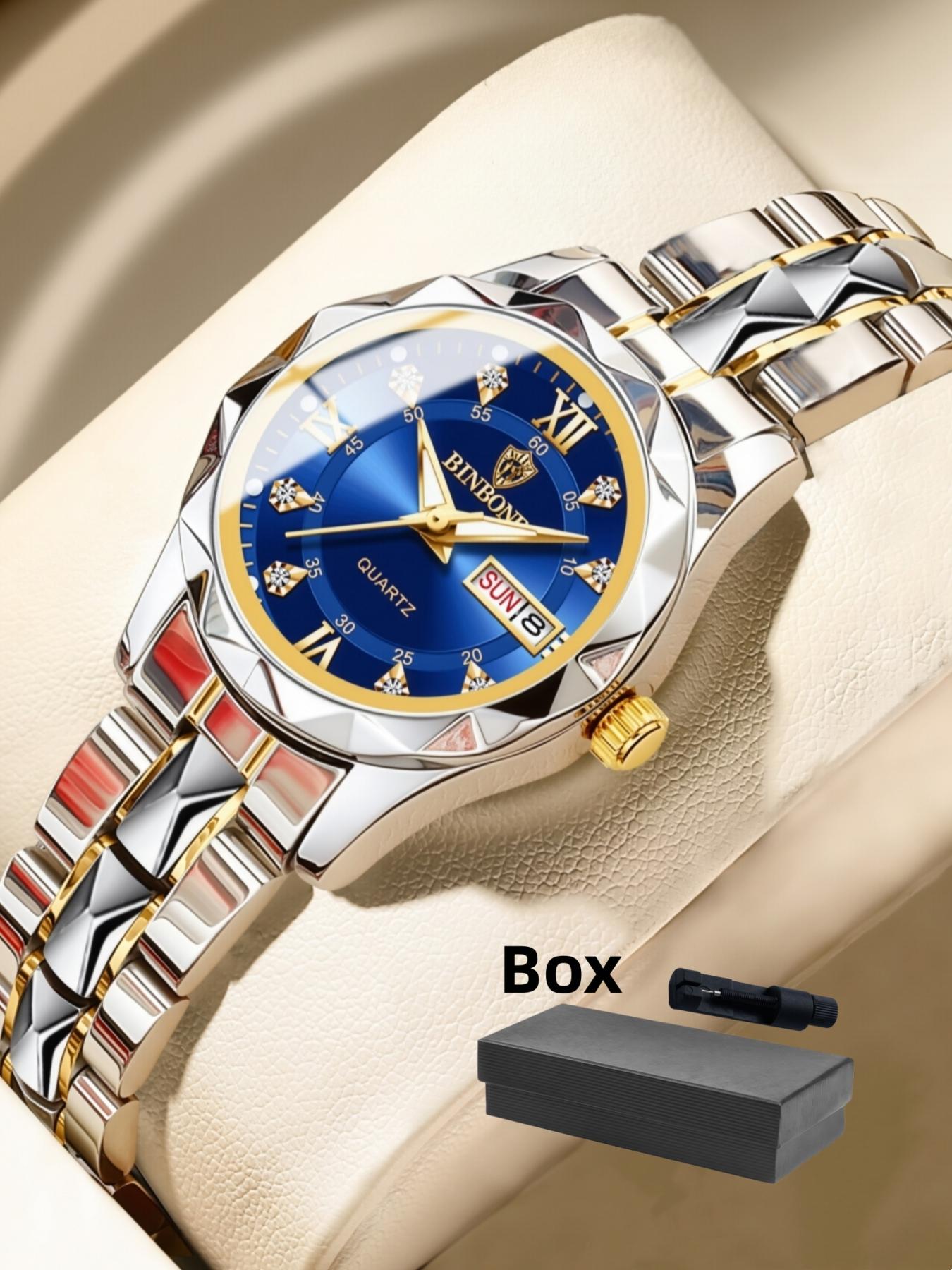 Women's Fashion Round Dial Stainless Steel Strap Quartz Watch, Rhinestone Decorated Watch, Rhinestone Embellished Watch, 30m Waterproof Watch with Calendar Function, Trendy All-match & Exquisite Watch for Birthday Gift with Box