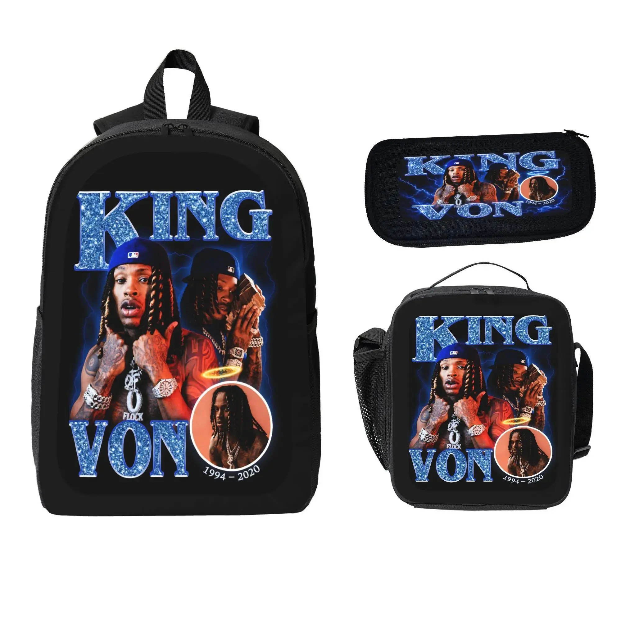 3Pcs King Von Character Art Black Carry-All Backpack Set - School, Travel, Casual Use - Includes Laptop Bag, Pencil Case, Lunch Bag - Lightweight, Comfortable for Teen Rapper Fans, Student Gift, Black Backpacks, Carry-All Backpacks
