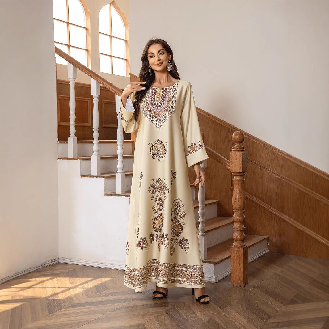 Muslim Dress Round Neck Printed Rhinestone Beaded Loose A-Line Long Robe