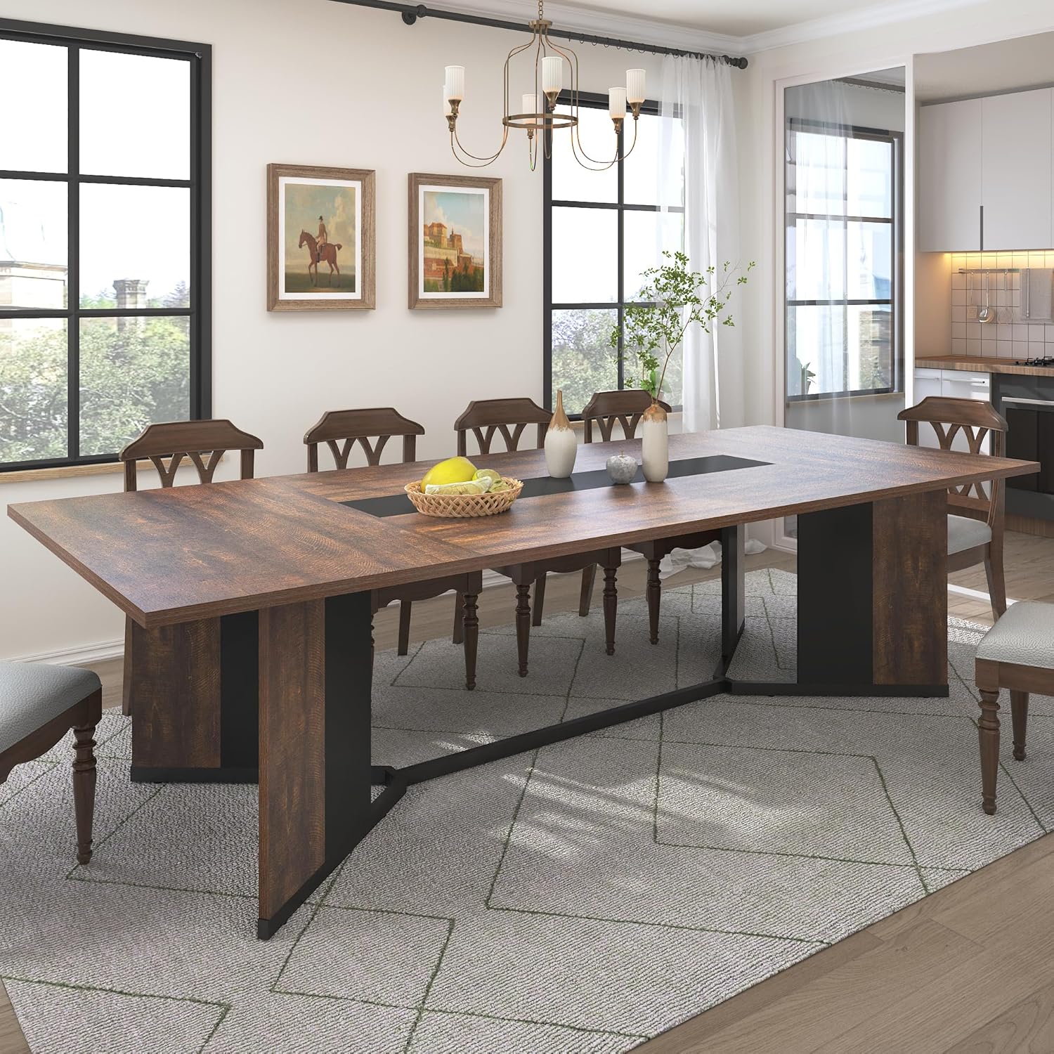 94 Inch Dining Table for 10 People,Modern Large Rectangular Kitchen Table W/Waterproof Wood Tabletop,Long Dining Room Tables W/Adjustable Legs&Metal Frame for Kitchen Living Room,Brown/White