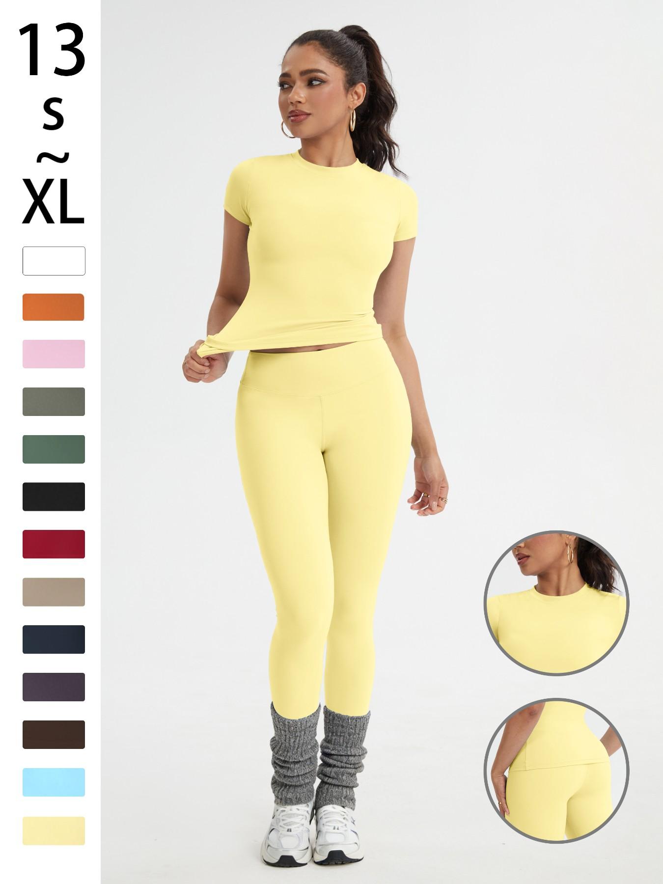 Women's Sportswear Set, Slim-Fit Round Neck Short Sleeves & High-Waisted Yoga Pants, Ideal for Gym Running Outdoor Activities, Stretchy Suit Set