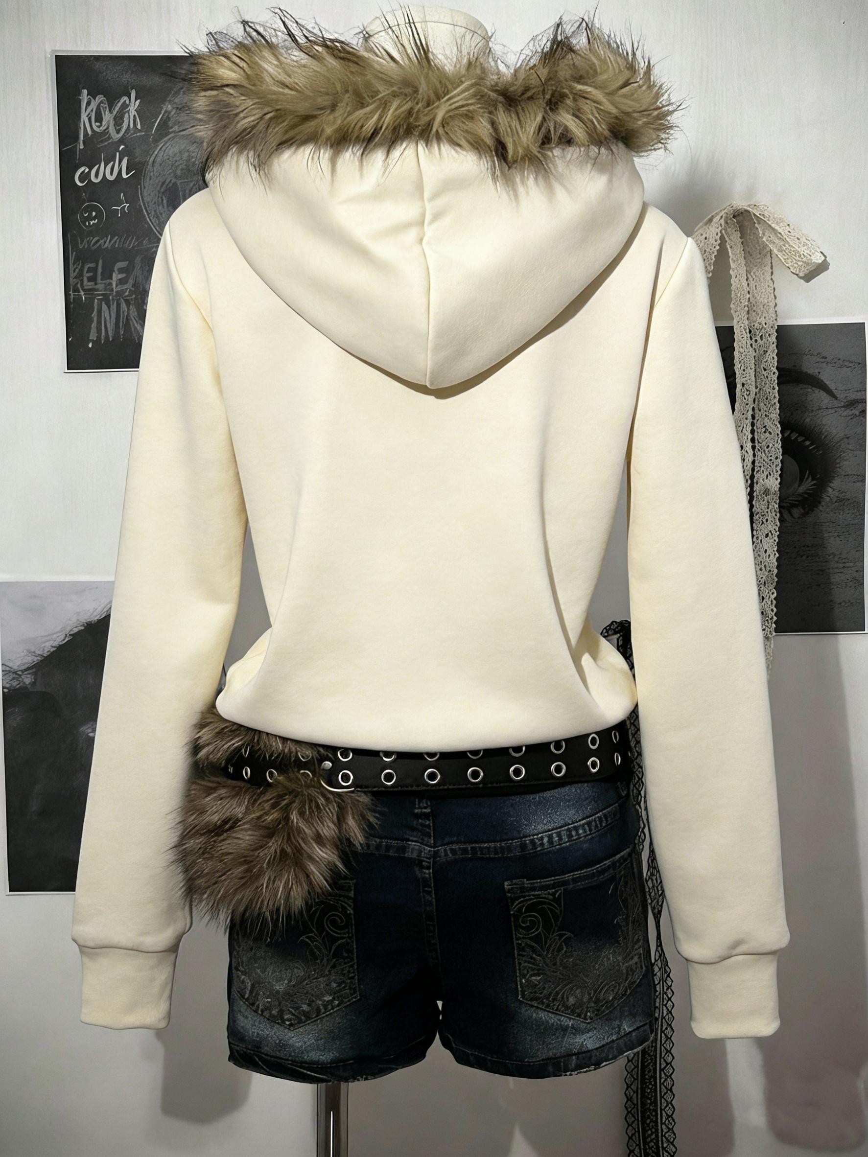 Y2K Gothic Black Faux Fur Hooded Solid Zip-Up Hoodie | Versatile All-Black Fall/Winter Style | Thickened Warm Fabric | Edgy Alt-Style Streetwear | Casual Daily Outfit | Fall/Winter Thermal Top | Trendy Dark Aesthetic 2000s Style Clothing Women