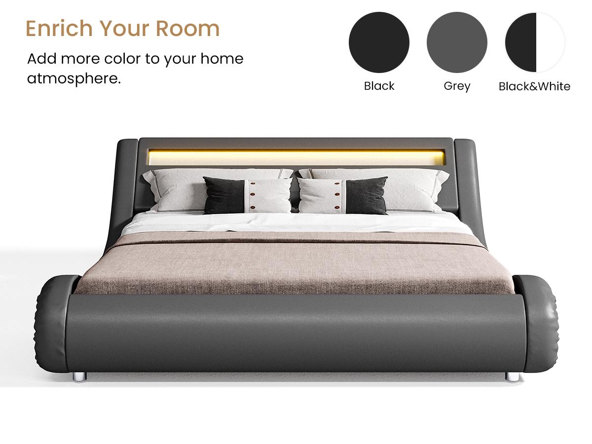 SHA CERLIN Deluxe LED Bed Frame with PU Leather Upholstered Adjustable Headboard,Modern Low Profile Sleigh Design,Heavy Duty Wood Slat Support,No Box Spring Needed,Full/Queen/King Size#ChristmasGifts#TikTokShopBlackFriday