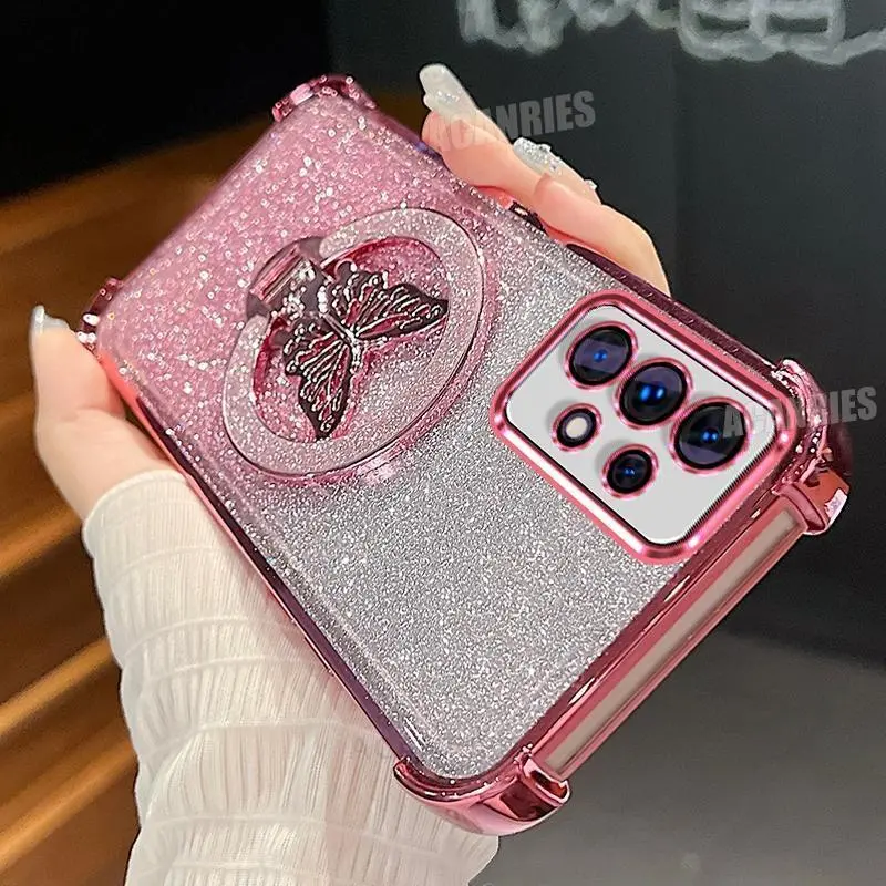 Luxury Glitter Butterfly Holder Phone Case Accessory - Plated Silicone, Folding Shockproof Stand Cover, Thickened Edge, Full Cover Protection for Samsung Galaxy A32 5G, A13, A23, A33, A52, A53, A73 (FS SFHD Purple), Multi-Model, Smooth