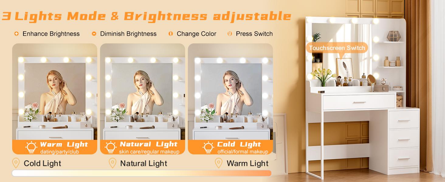 Makeup Vanity Desk with Mirror & Lights | 4 Drawers & 3 Storage Shelves | Adjustable Tri-Color LED Light, Charging Station & Hair Dryer Stand Modern Furniture